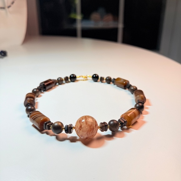 Natural Agate & Wood Beaded Necklace | Earth Tone Statement | Handmade - Picture 9 of 9